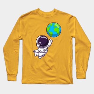 Cute Astronaut Floating With Earth World Cartoon Long Sleeve T-Shirt